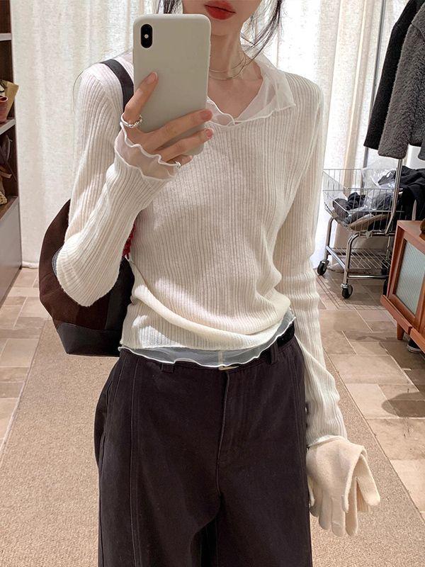 Korean Style White Mesh V-Neck Patchwork Long Sleeve Slim Top for Women - Autumn/Winter