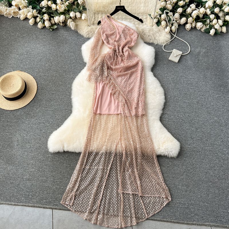 

Модный Экспортный Маскарадный Классный Легкая Роскошь Меньшинство Бриллиант Диагональный Воротник Без Бретелей Сексуальное Разрез Сетка Платье Image color M