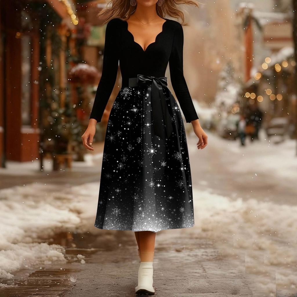 Women's Fashion V-Neck Relaxed-Fit Christmas Print Long-Sleeved Dress
