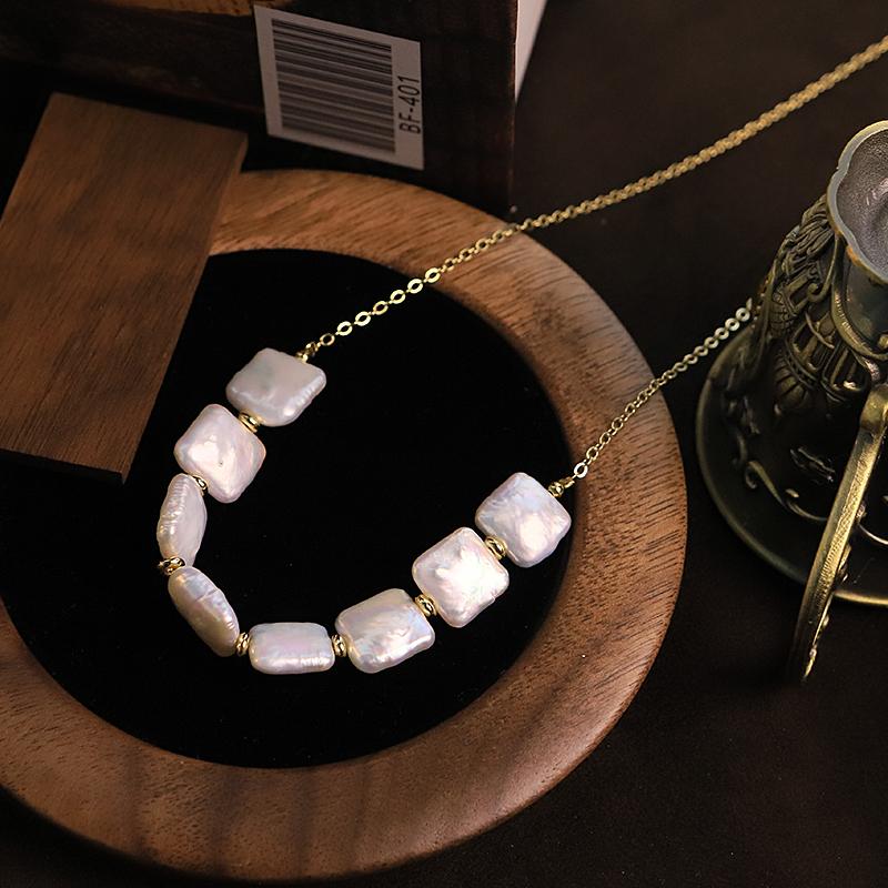 GLSEEVO Natural Freshwater Square Baroque Pearl Necklace for Women Daily Wear Baroque Pearl Necklace Minimalist Jewelry