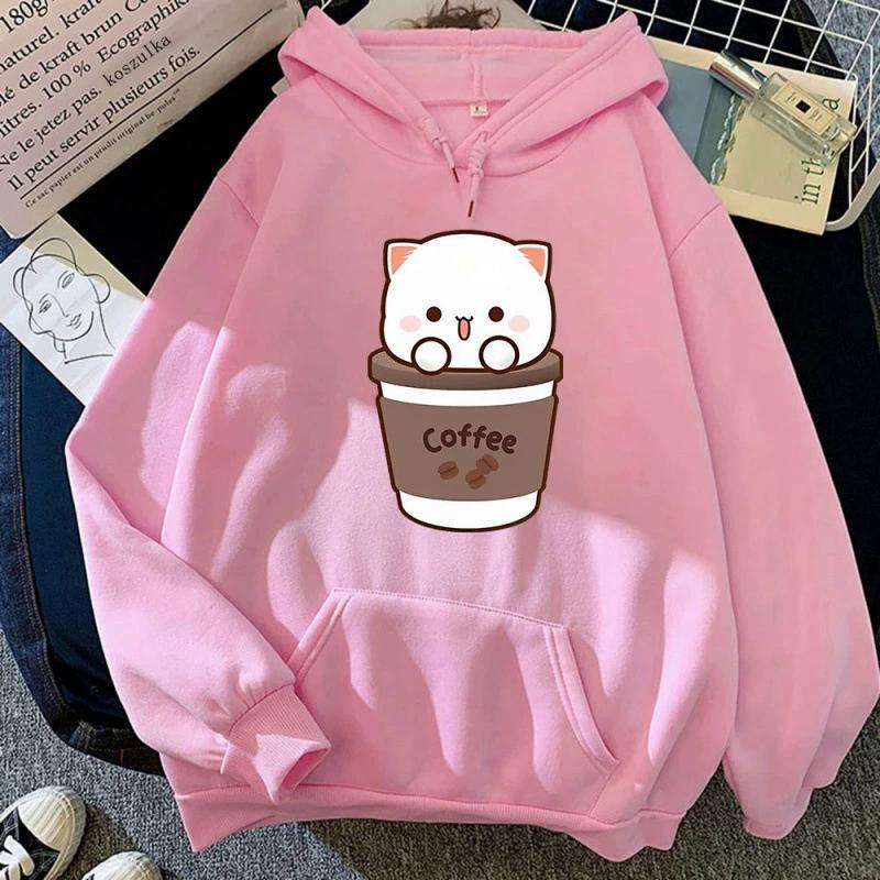 Kawaii Peach and Goma Hoodie Women Harajuku Cute Cat Hoodies Autumn Winter Funny Coffee Graphic Hooded Sweatshirt
