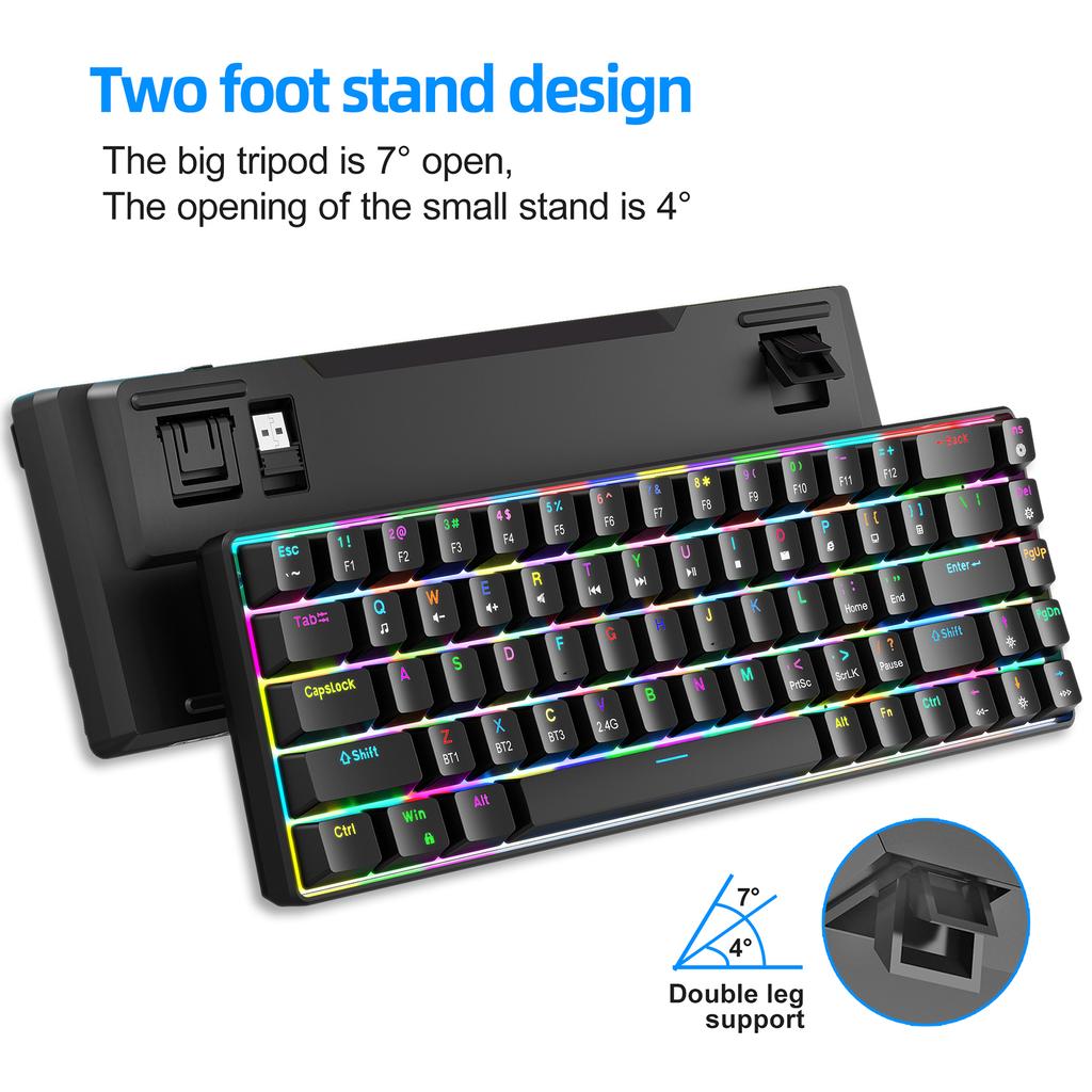 68 Keys Mechanical Keyboard Hot Swappable Red Switch RGB Backlit Wireless Wired BT 5.0 Black 3 Mode