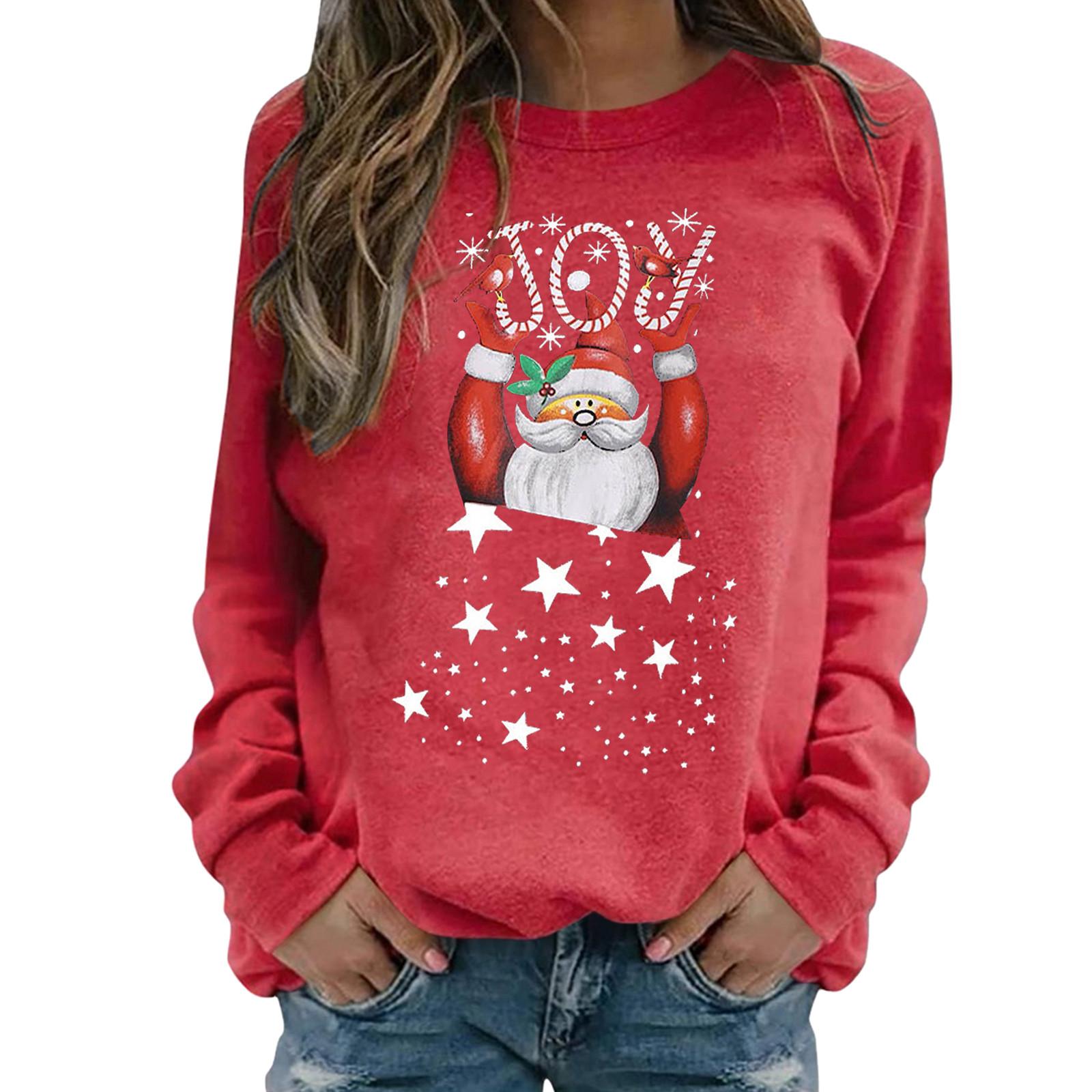 

Толстовка с круглым вырезом и рождественским принтом, женская осенне-зимняя свободная повседневная футболка с длинными рукавами, женский пуловер большого размера XXL красный