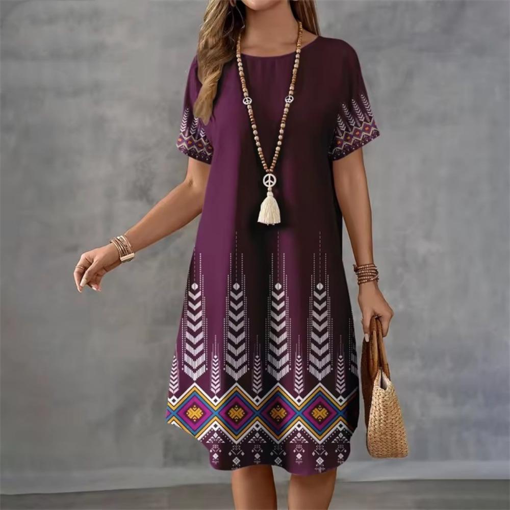 

Модное платье в стиле бохо с круглым вырезом и короткими рукавами в стиле ретро в полоску для женщин 4XL