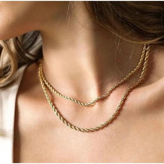 Ropes Long Necklace for Men Women,Stainless Steel Gold Color Twisted Rope Chain Collar,2/3/4/5mm Punk Basic Waterproof Jewelry