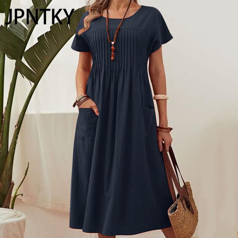 

JPNTKY Летнее женское платье большого размера длинное однотонное из хлопка и льна с круглым вырезом, карманами, плиссировкой и короткими рукавами XXXXXL темно-синий