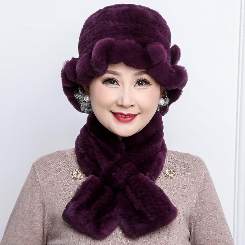 Rex Rabbit Hair Hat Children's New Mother Hat Winter Warm Korean Version Grandma Hat Scarf Middle and Old Age Hat Scarf