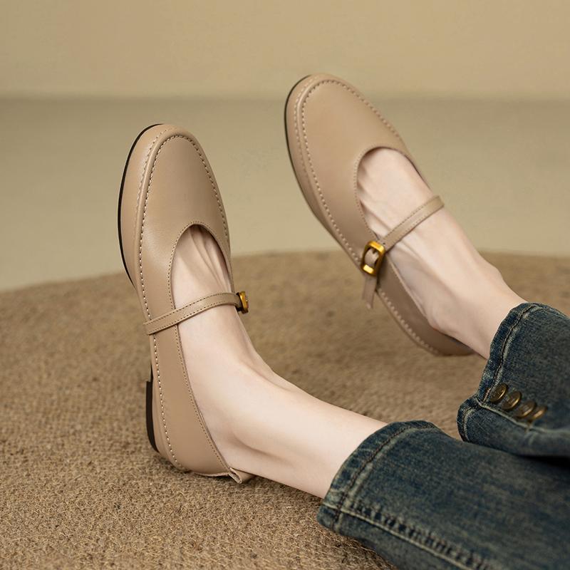Fashion 2024 New Spring Women Flats Round Toe Low Heel Genuine Leather Women Shoes Buckle Strap Mary Janes Concise Ladies Shoes