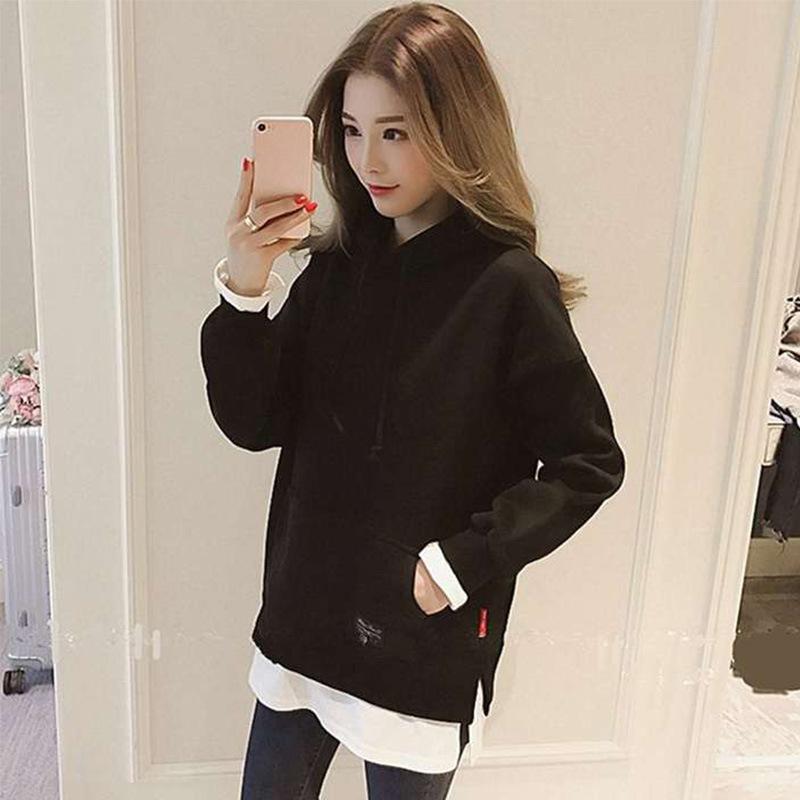 Women Warm Soft Hoodies Fake Two-piece Jacket Fall and Winter Thickened Hooded Simple Literary Long-sleeved Women's Clothing