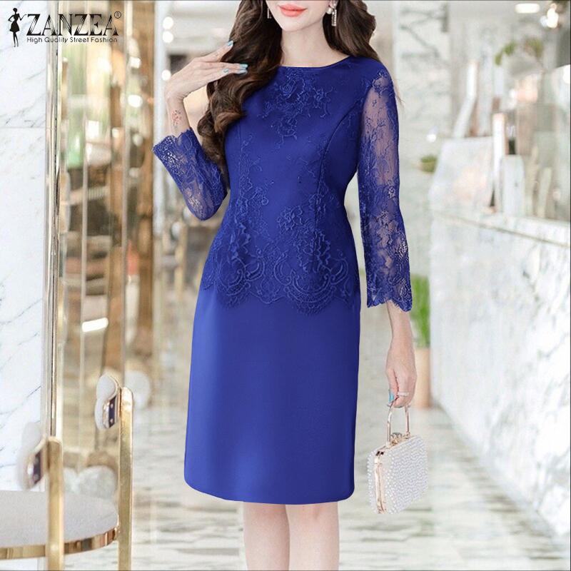 ZANZEA Kobiety Casual Koronkowa Rękaw 3/4 Letnia Sukienka Ołówkowa Patchworkowa