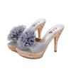 Fashion High-Heeled Shoes Lady Glitter Slides Square Heel Slippers Women Summer Fashion Low Peep Toe Flower Pantofle Jelly Block Luxury
