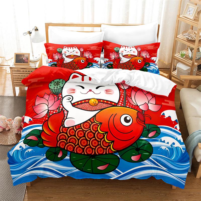 Cartoon Lucky Cat Bedding Set Bed Cover Set Lovers Bedding Kids Luxury King Size Comforter Bedding Sets Queen Duvet Cover Set