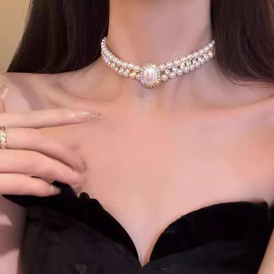 Colier elegant retro francez cu perle: Lanț luxos de înaltă calitate pentru claviculă, pentru un stil versatil