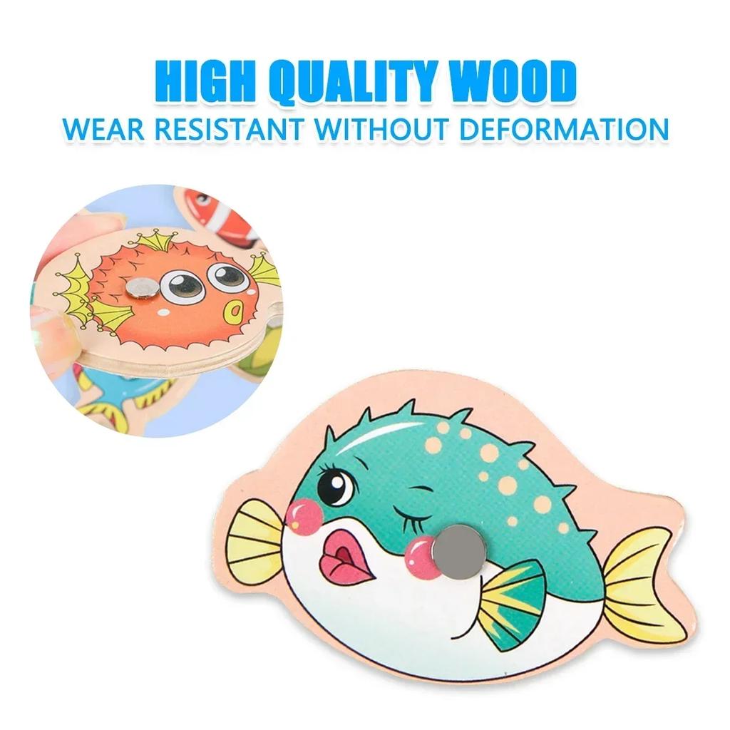 1Bag Wooden Magnetic Fishing Game Set Cartoon Sea Life Fishing Rod Educational Toys For Kids Gift