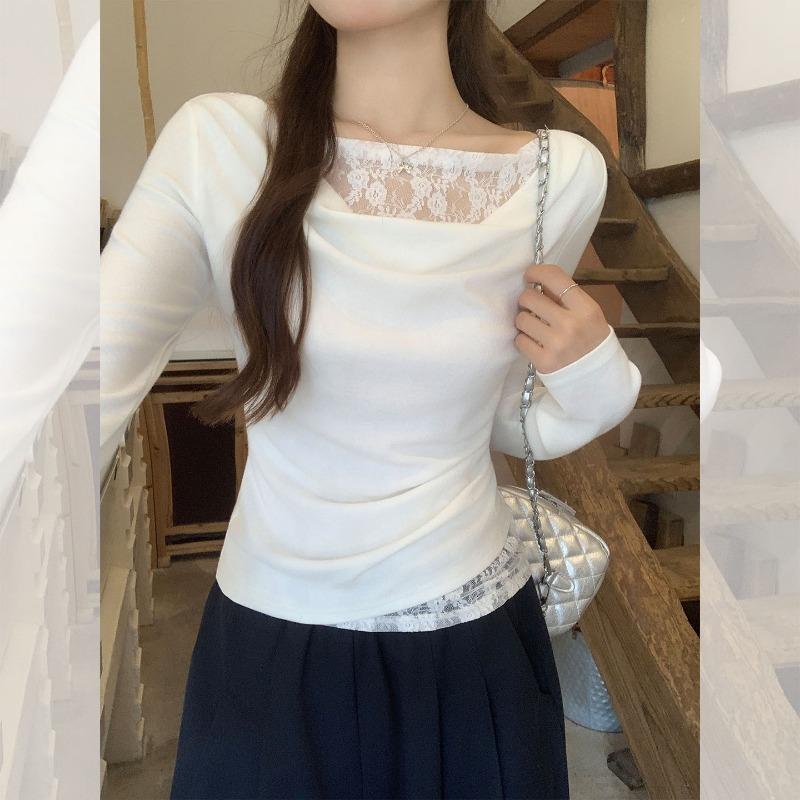 White Swing Collar Lace Long Sleeve T-shirt Women's Early Autumn Wear with Bottoming Shirt Slim Waist Top