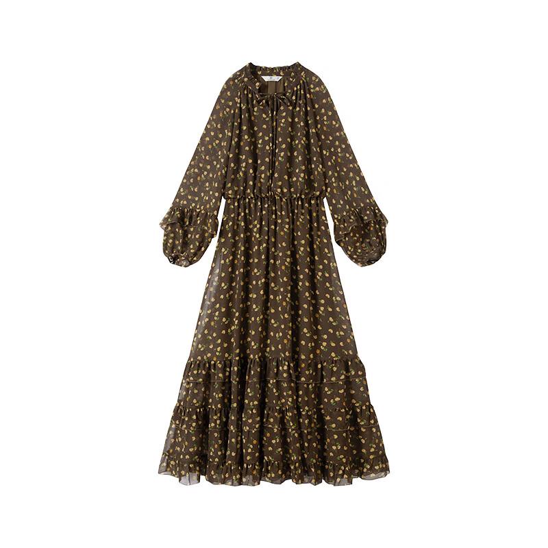 Xiangying Damen Polka Dot Blumen Rüschen Krawattenkragen Langarmkleid