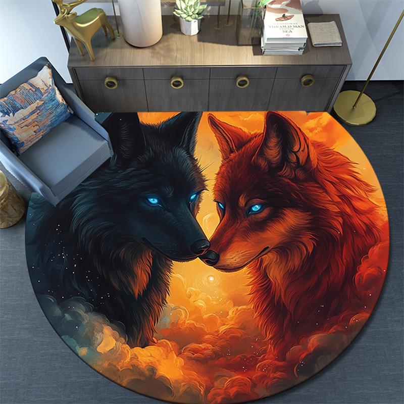 Fire and Ice Wolf Round Area Rug,Carpet Rug for Living Room Bedroom Sofa Playroom Decor,Non-slip Floor Mat