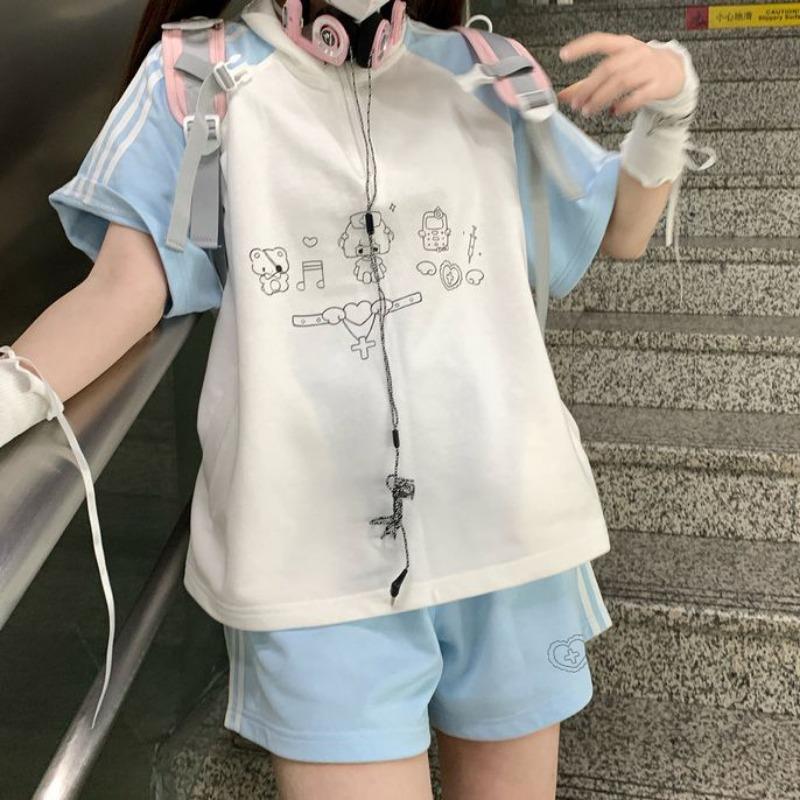 

Комплекты из 2 предметов в консервативном стиле, женские наряды с коротким рукавом и воротником-стойкой, лоскутные футболки, повседневные модные шорты, костюм, корейский летний комплект 2XL синий/белый