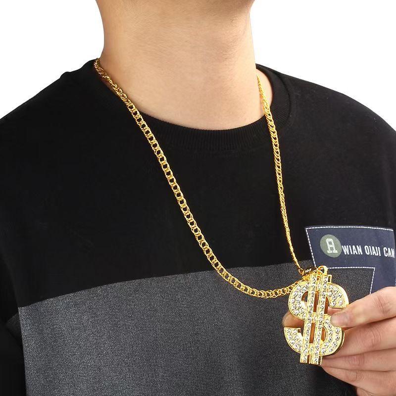 Trendy Rhinestone Dollar Sign Necklace – Hip Hop Punk Style with Creative Design