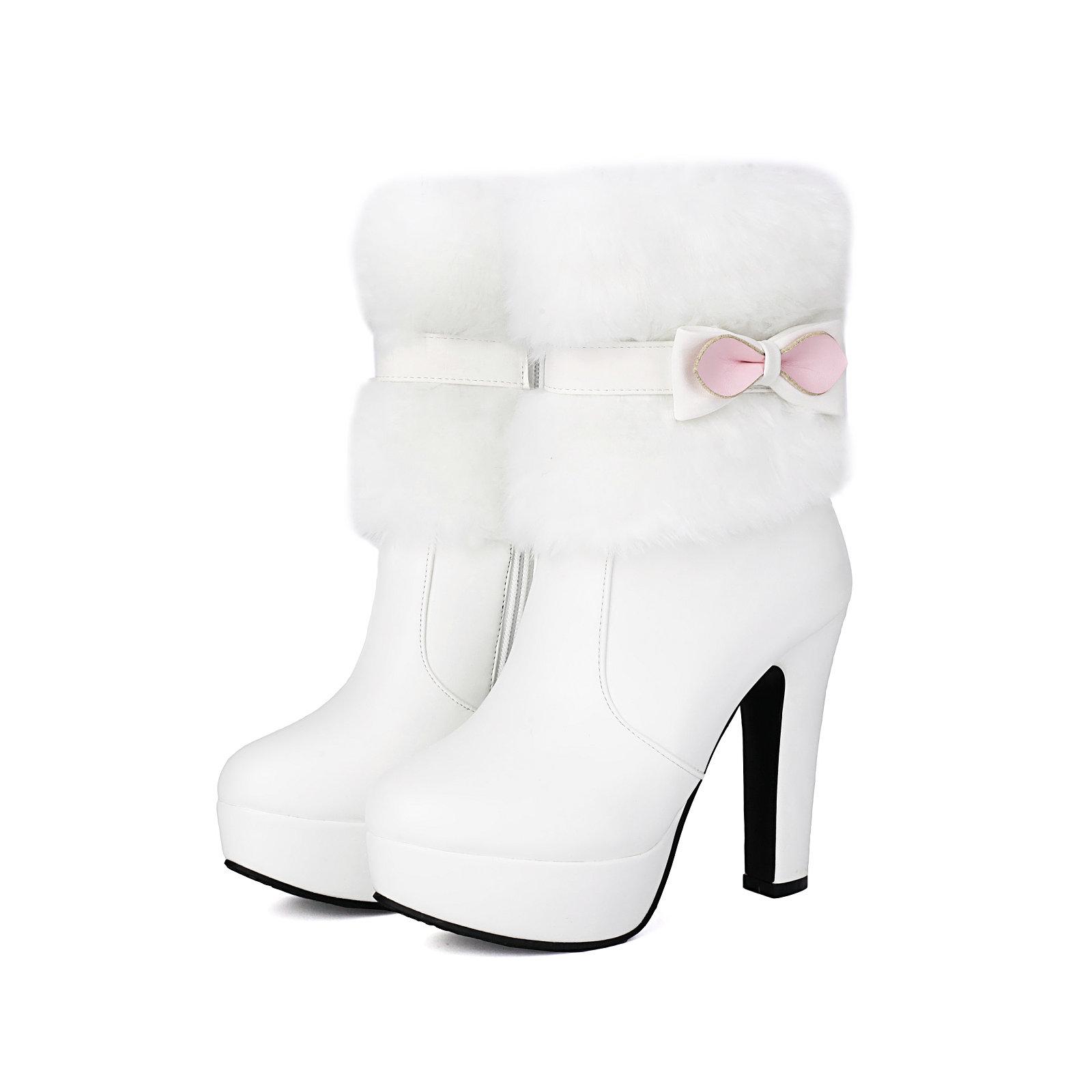 

Женские ботильоны на меху, обувь на платформе, декор в виде банта, зима 2024, каблук 11,5 см 43 белый