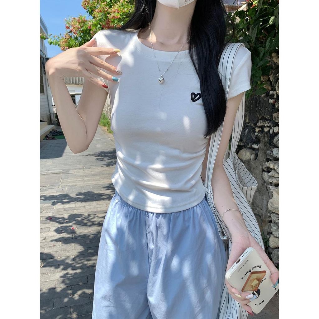 Sweet and Pure Desire Shoulder Short Sleeved T-shirt for Women, Embroidered with Bow, Spring and Summer Version Pleated Waist Cinching Short Top