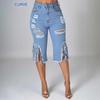 Damen High Waist Denim Capri-Hose Lockere Bermuda-Jeans Mit Rissigem Fransenbesatz Leichte Dehnung Große Größen Unterteile Für Herbst Street Style