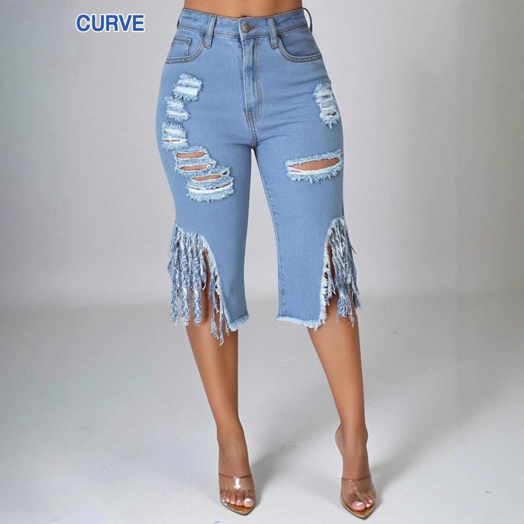 Damen High Waist Denim Capri-Hose Lockere Bermuda-Jeans Mit Rissigem Fransenbesatz Leichte Dehnung Große Größen Unterteile Für Herbst Street Style