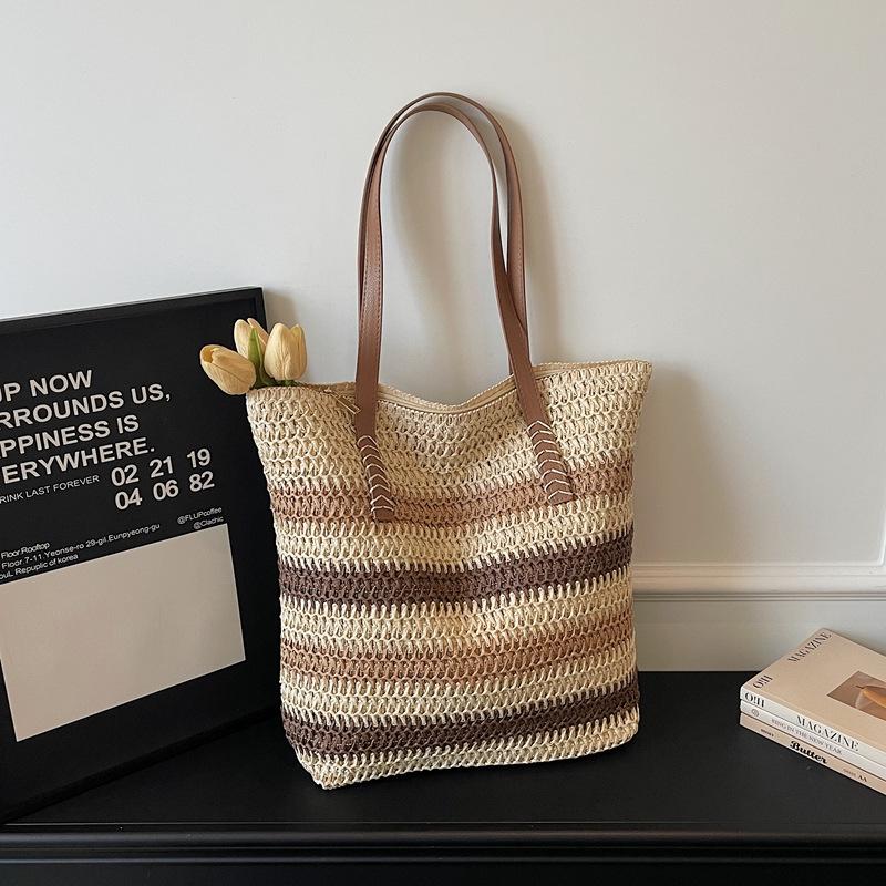 Bolsa de Palha Tecida com Listras Arco-Íris Feminina - 2026 Bolsa de Ombro de Grande Capacidade para Férias na Praia e Deslocamento