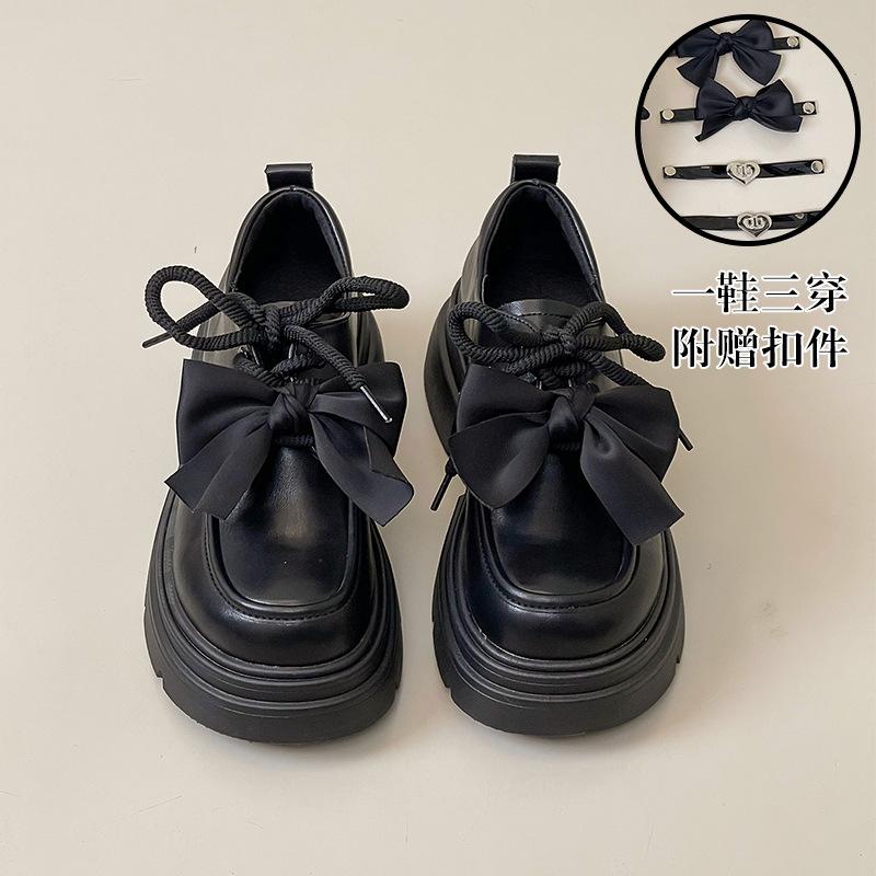 

Туфли-лоферы на платформе-маффин с бантом на шнуровке, женские, 2025, новая весенняя модель, на высоком каблуке, в стиле «любовь», одинарные туфли, маленькие кожаные туфли 40 матовый черный