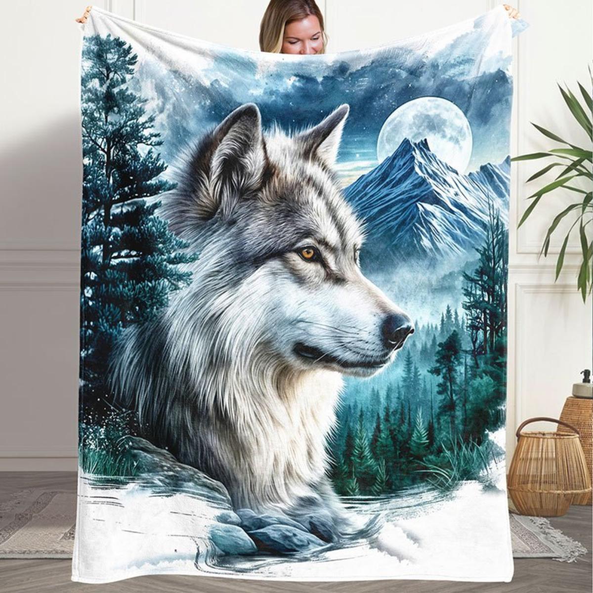 Wolf Moon Mountain Printed Flannel Blanket - Warm and comfortable, suitable for sofas, offices, beds, camping, and Christmas. 130x150cm