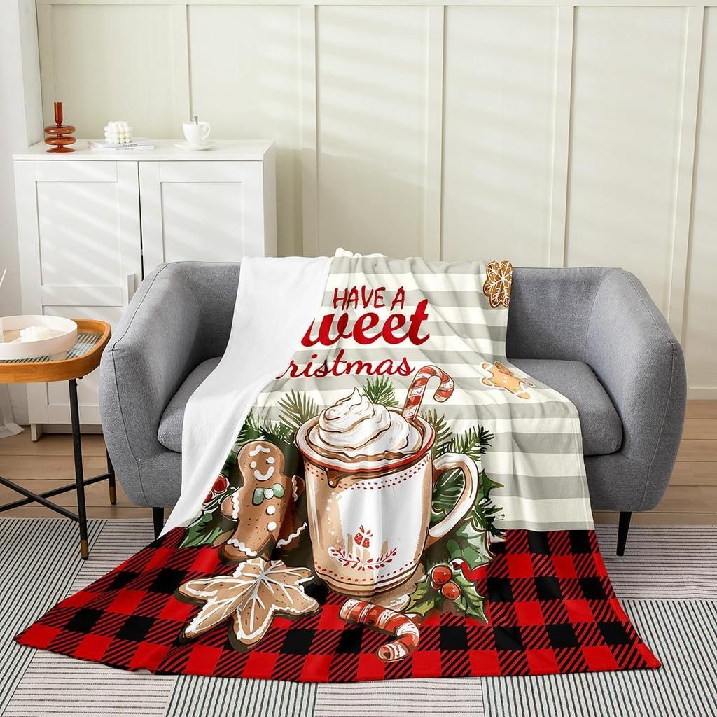 Xmas Grids Flannel Blanket Warm Lightweight,Merry Christmas Theme Warm Blanket for Couch Sofa Decor,Cartoon Santa Claus Warm