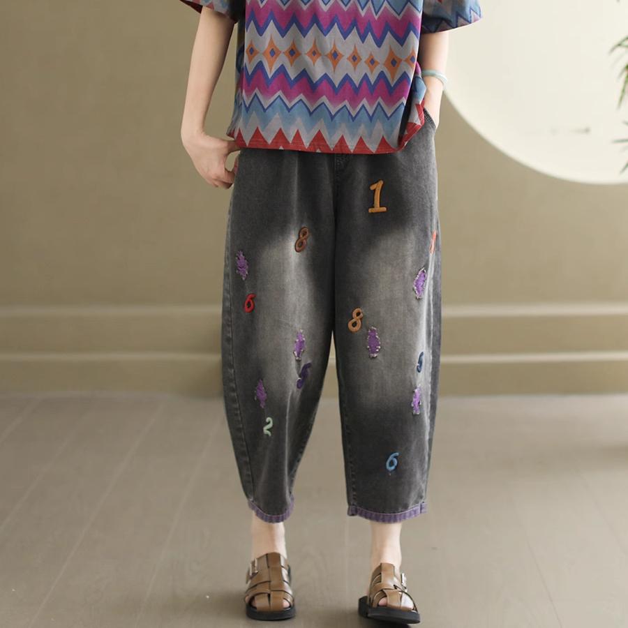 Dimanaf 2025, vară, plus, blugi pentru femei, pantaloni casual cu broderie, talie înaltă, elastici, pantaloni harem largi de bază