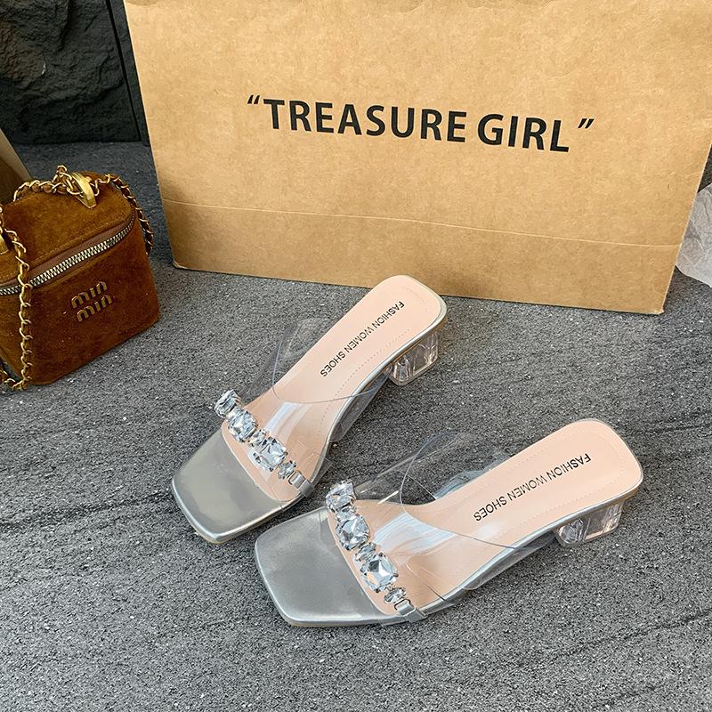 

Сказочные туфли-шлепанцы со стразами женские для улицы модные летние с высоким чувством прозрачные со стразами на толстом каблуке босоножки на высоком каблуке 40 серебряный