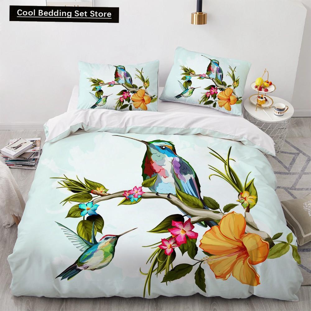 Blume Vogel Königin König Bettbezug Bunt Tropisch Floral Bettwäsche Set für Frauen Aquarell Pflanze 2/3tlg. Polyester Steppdeckenbezug
