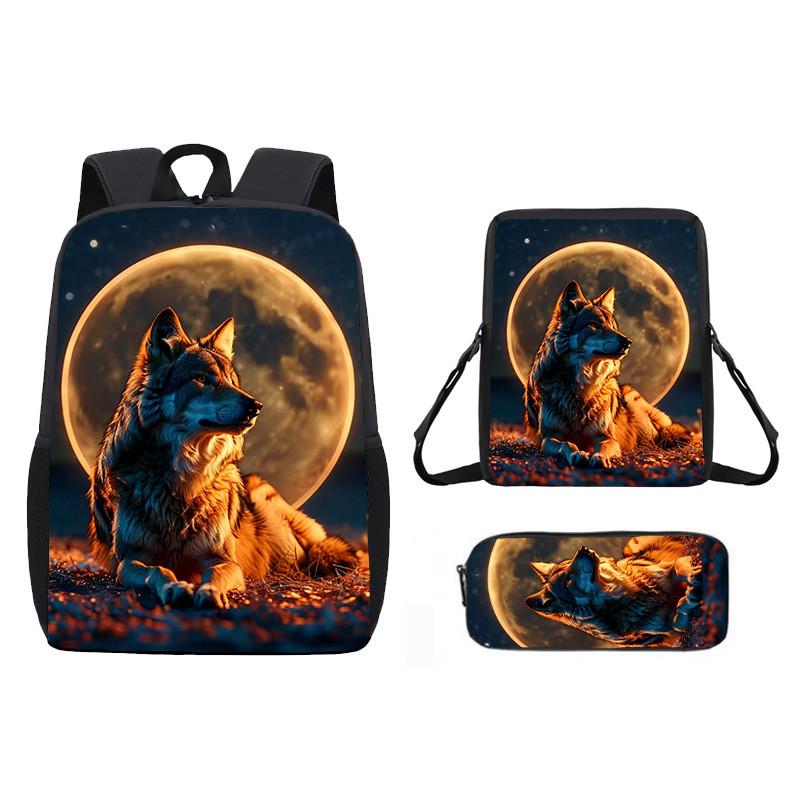 Pattern Animal Wolf Backpack Kids Shoulder Bag Pencil Case Student Use School
