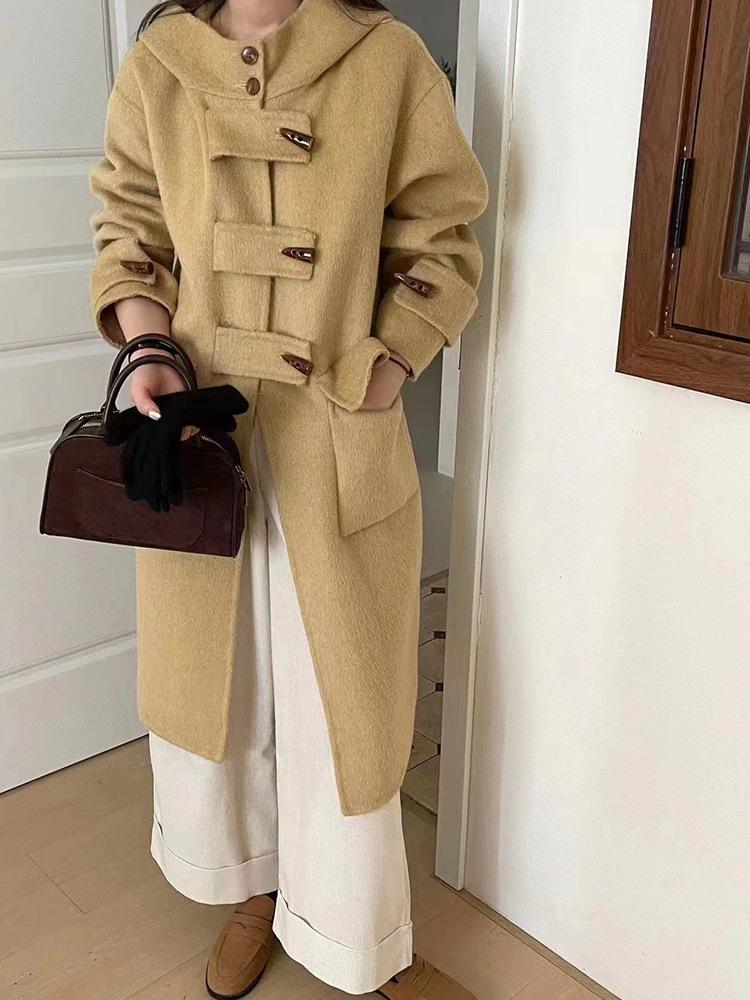 

Hooded horn button woolen coat women s winter new thickened college style medium and long woolen coat M