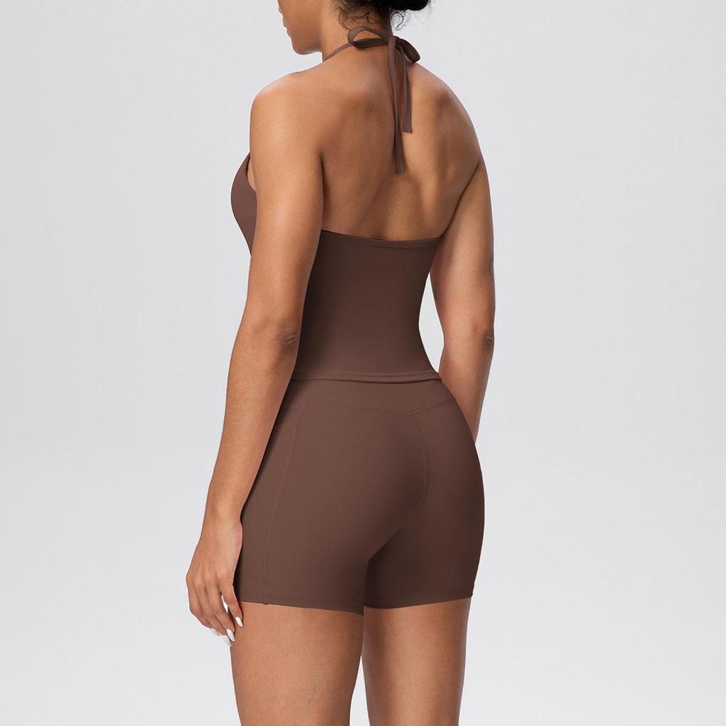 Europäisch-Amerikanisches Wolkengefühl Yoga-Tanktop & Shorts Set: Einfarbig, Seil-Träger, Schöner Rücken, Tasche, Figurbetont für Damen