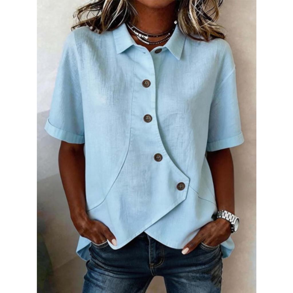 Summer Women's Short Sleeve Button Down Shirt, Notch Collar Irregular Casual Blouse Top for Women, European American Style