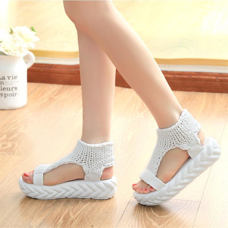 20 Types of Sweat-absorbing Muffin Wool Foot Cover Open-toed Women's Shoes, New Summer Hong Kong-style Sandals, Mid-heel Flat Bottom