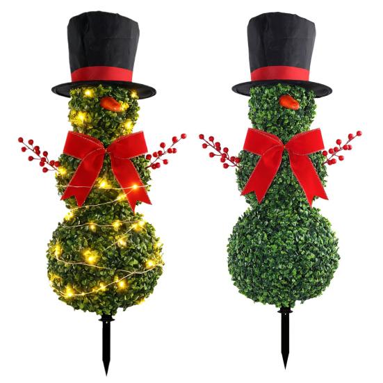 Christmas Snowman Topiary 31" Artificial Snowman Shaped Topiary Tree with Red Bow Santa Hat Faux Boxwood Topiary for Home Front Porch Garden Decor