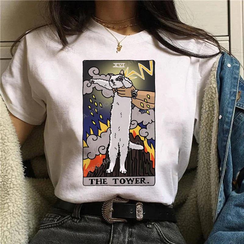 Kawaii Cat Tarot Cute Shirt Fashion Top Female O-neck Tees Short Sleeve Tee Shirt Femme Summer Women Tshirts