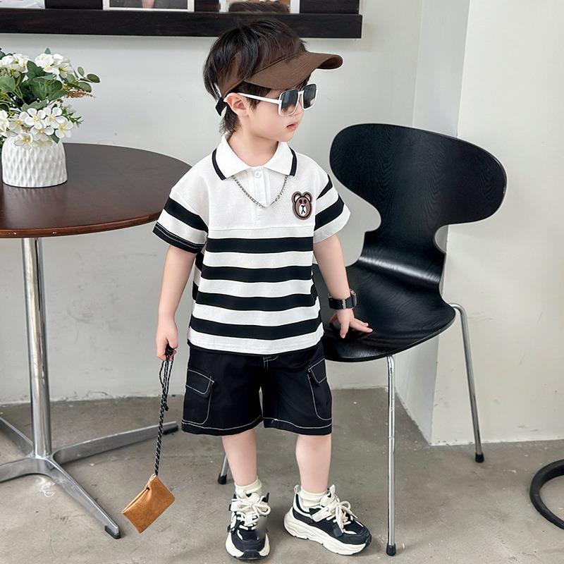 Turn Down Collars Boys Summer Outfits Striped Short Sleeve Cartoon T Shirt Pockets Shorts Fashion Golf Sport Clothes