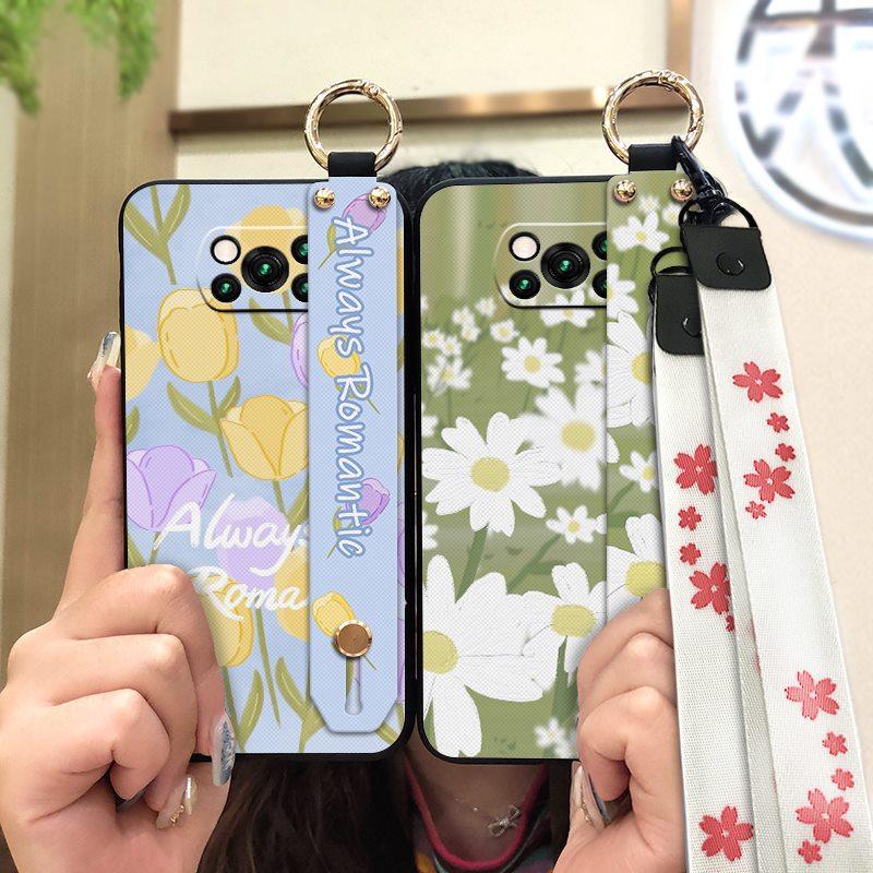 Anti-knock Protective Phone Case For Xiaomi Poco X3 NFC/X3 Pro Durable Oil Painting Phone Holder Wrist Strap Flower Ring