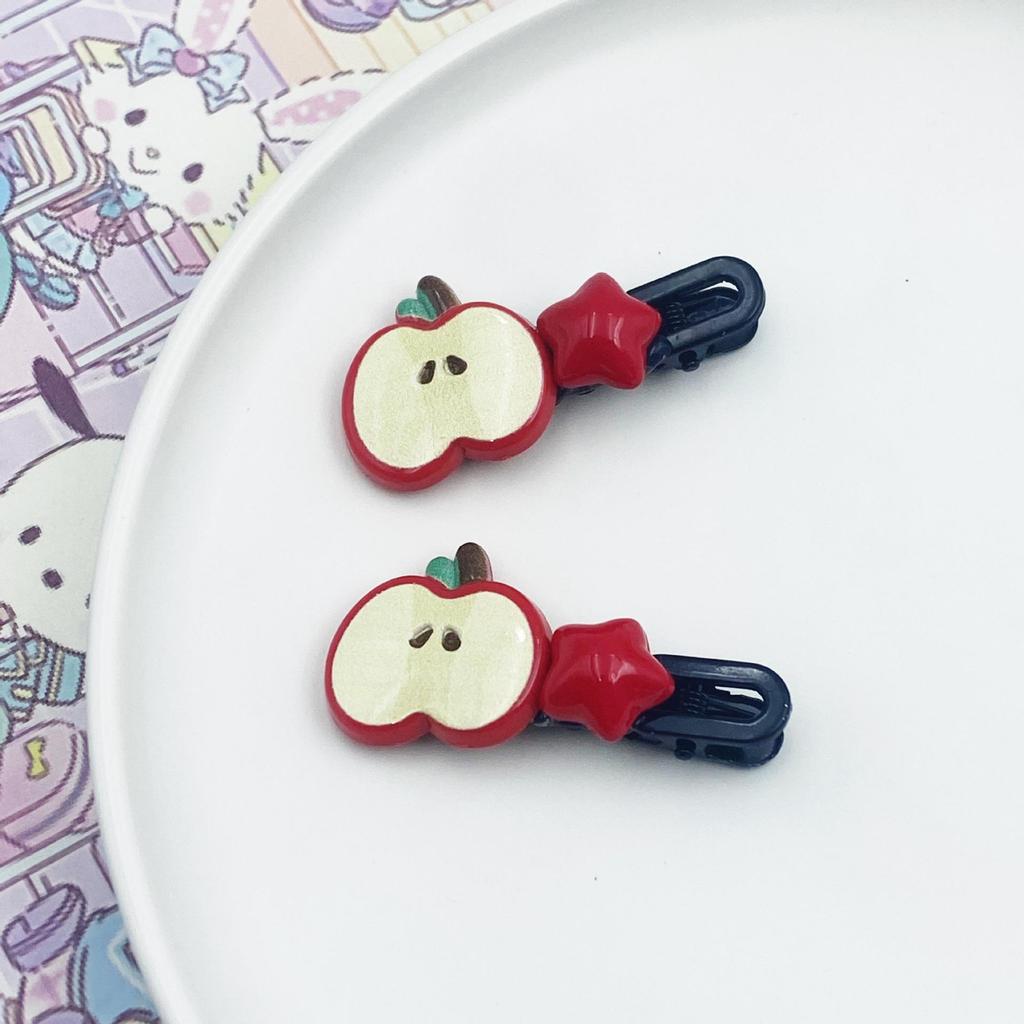 Red Star Apple Duckbill Clip - Cute Girly Bangs & Side Clip with Five-Pointed Star Design