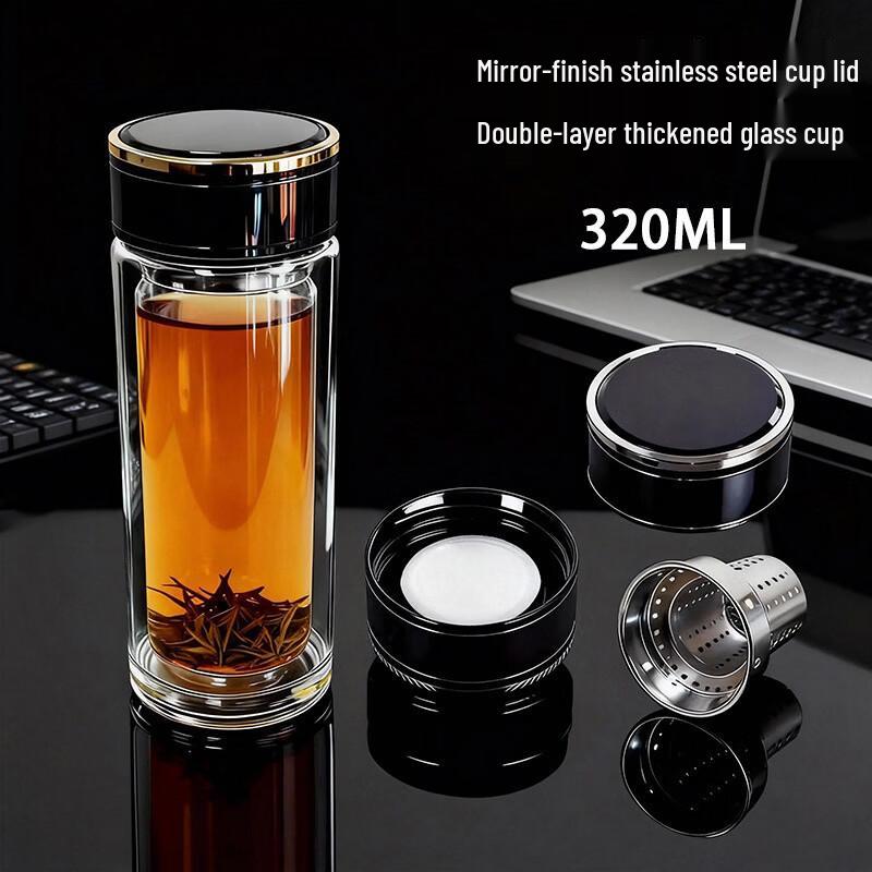 Handun 400ml Double-Layer High Borosilicate Glass Cup with Wood Grain and Tempered Bottom