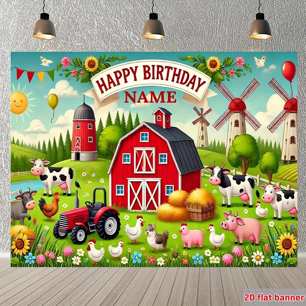 Personalized 2D Flat Birthday Party Background Fabric Joyful Farm Animal Themed Atmosphere Decoration