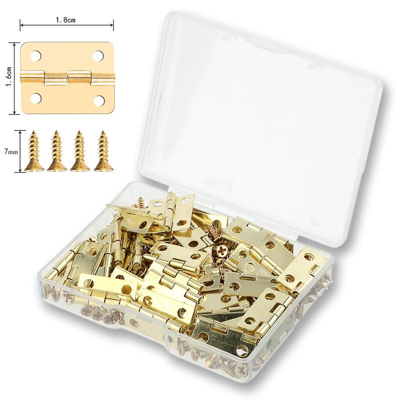 

50pcs/box Hinges + 200 Screws Iron Golden/Antique Bronze 4 Holes Durable Furniture Hardware 16*13mm Mini Rounded Hinge Decor золотистий