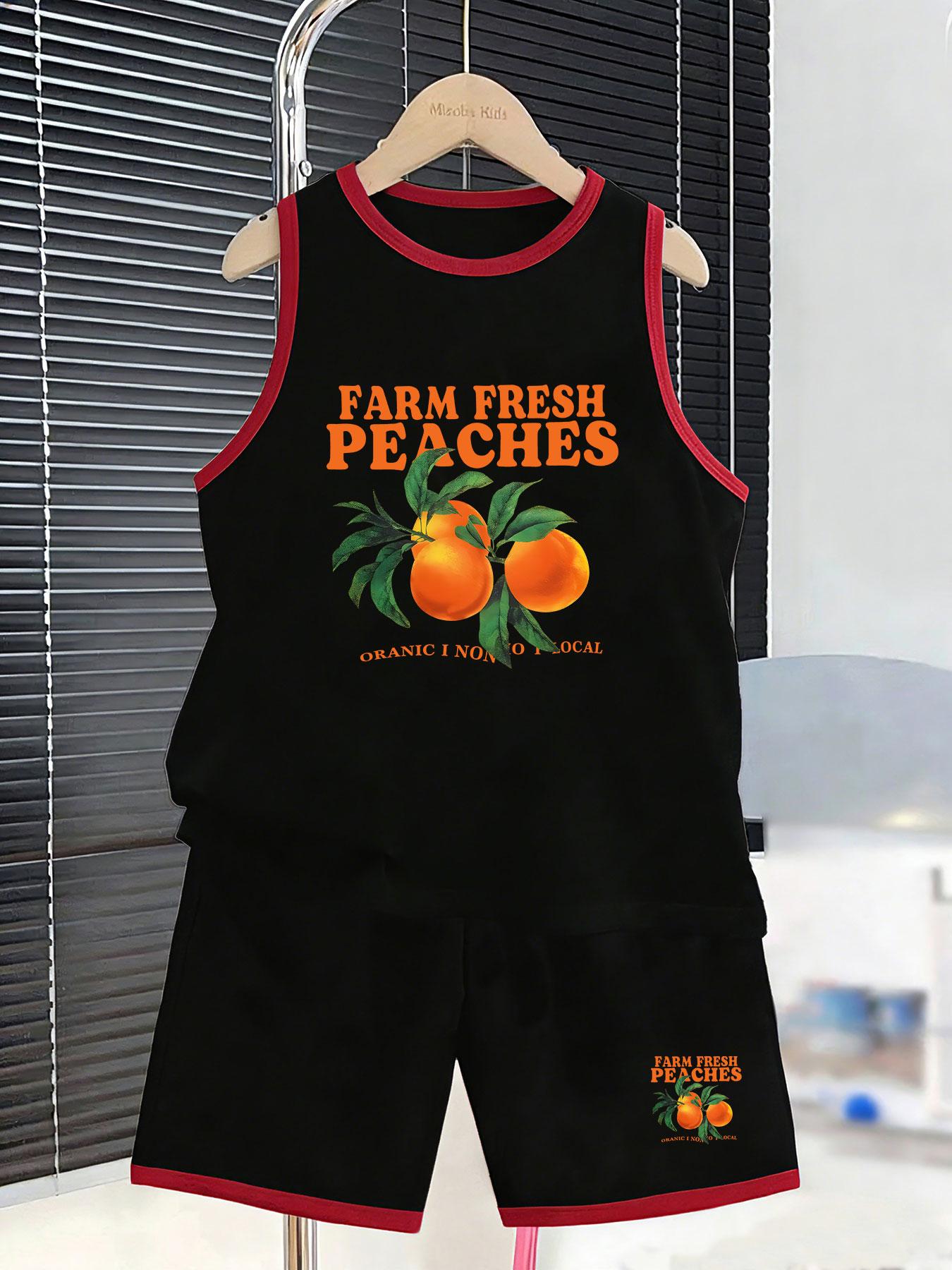 

Boys farm fresh outfit with FARM FRESH PEACHES print. Soft breathable material, vibrant fresh design for summer daily and outdoor wear. 7Y чорний