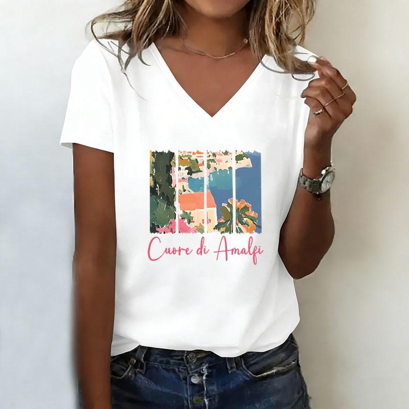 Retro T-shirt V-neck casual fashion T-shirt XS