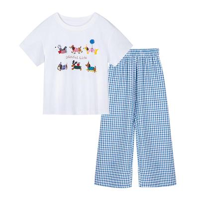 Girls' Summer Cartoon Print Short Sleeve & Plaid Wide-Leg Pants Set